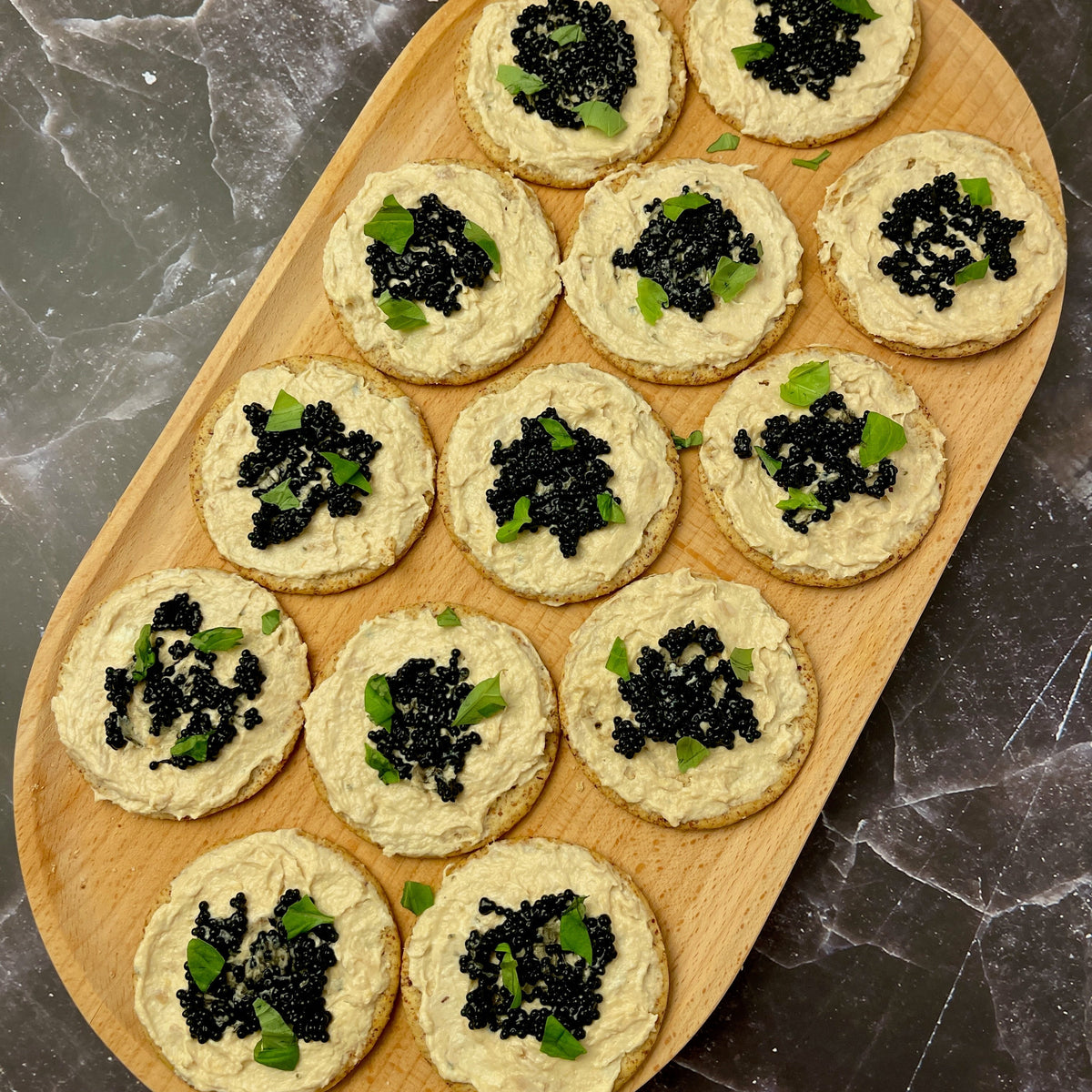 Breton Crackers with Tinned Seafood Spread, Roe and Basil